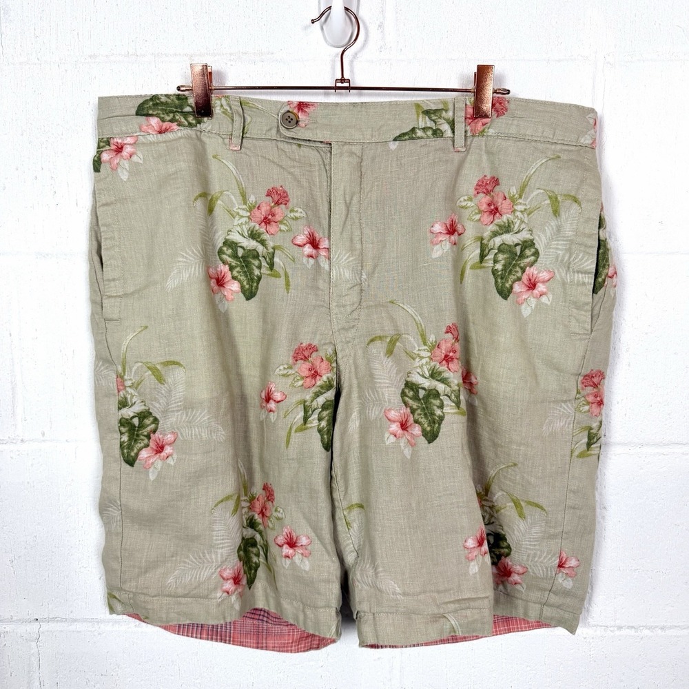 Tommy Bahama Linen Shorts REVERSIBLE Pink Plaid Tropical Floral Resort Preppy 40
